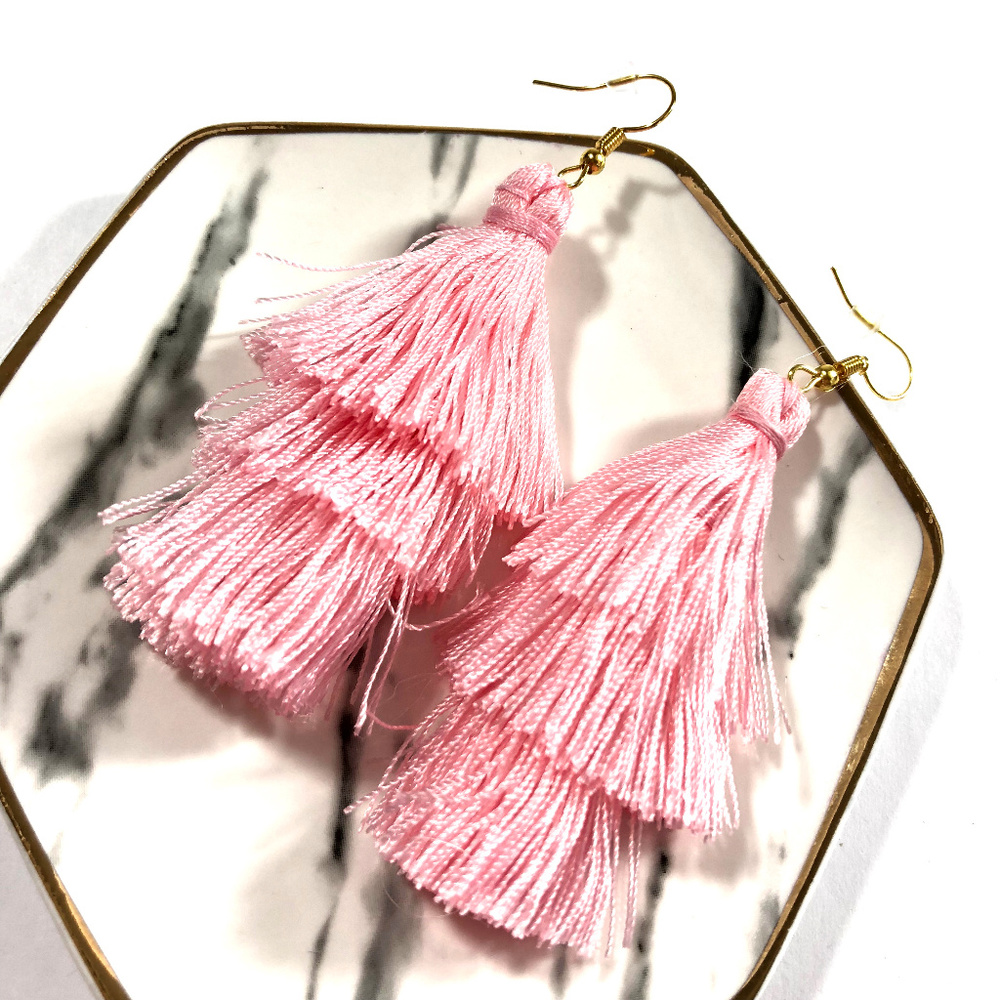 BubbleGum Pink Tassel FringeStatement Earrings - Picture 2 of 5